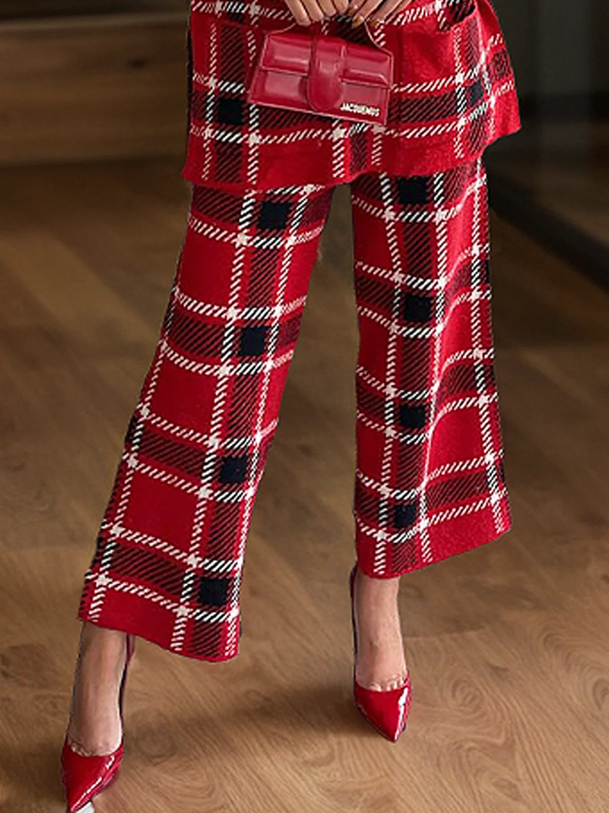 Medium Elasticity Plaid Casual Pants Sweater Ankle Pants