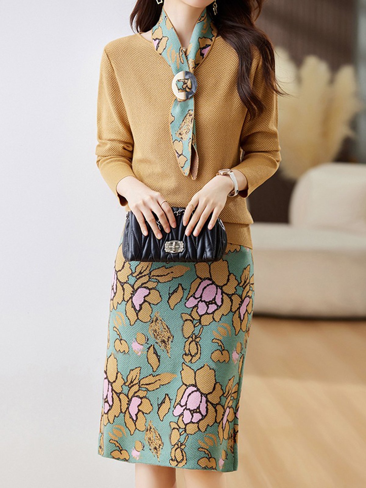 Elegant Floral Sweater Skirt