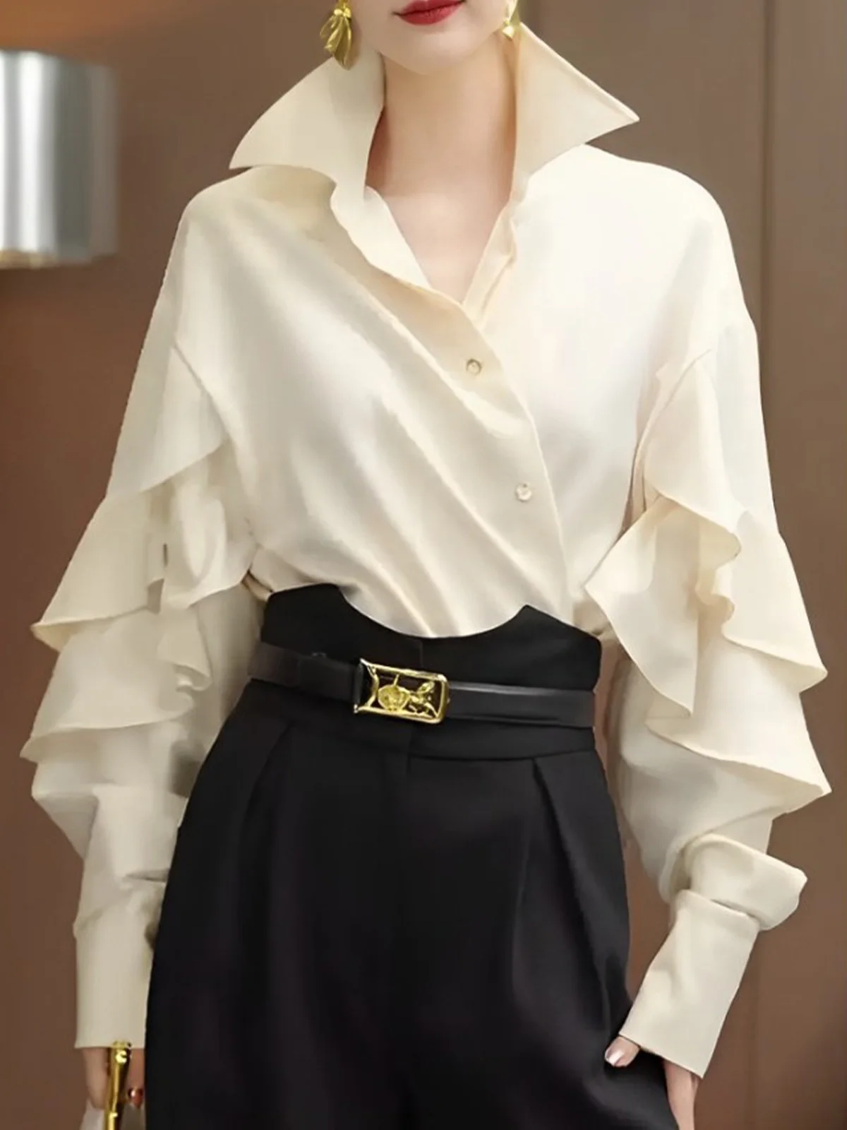 Plain Elegant Ruffle Sleeve Loose Shirt