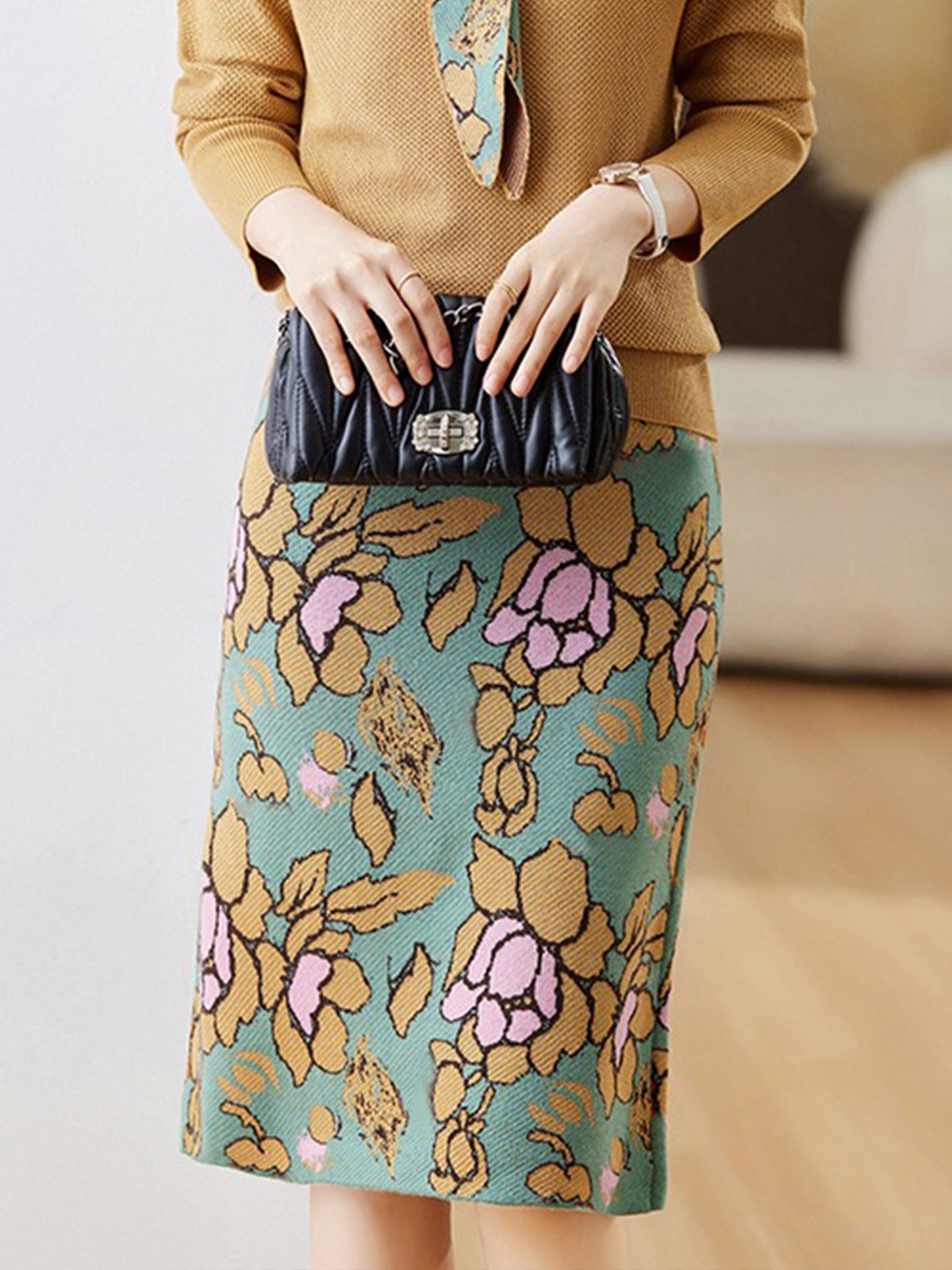 Elegant Floral Sweater Skirt