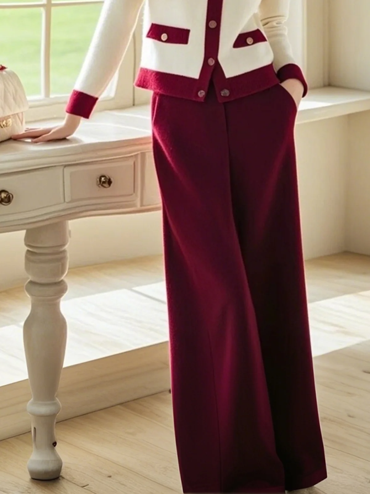 Elegant Plain Wide leg Sweater Pants