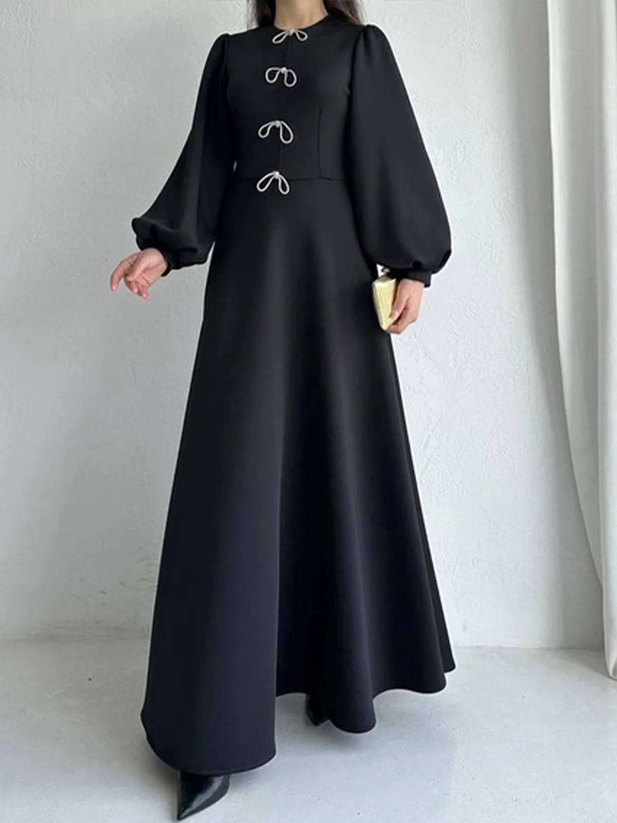 Crew Neck Bow Elegant Plain Long Sleeve Maxi Dress