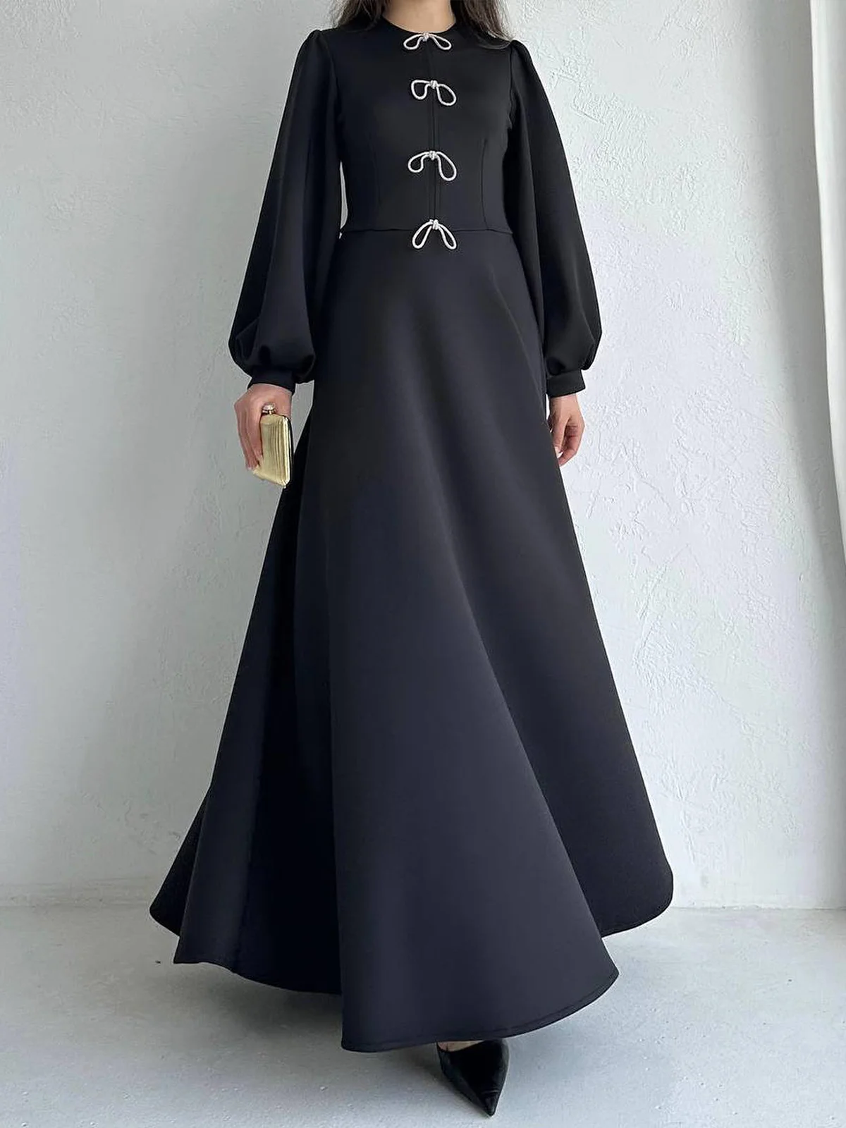 Crew Neck Bow Elegant Plain Long Sleeve Maxi Dress