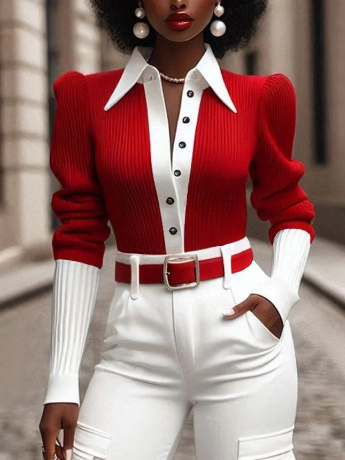 Puff Sleeve Color Block Elegant Sweater Shirt