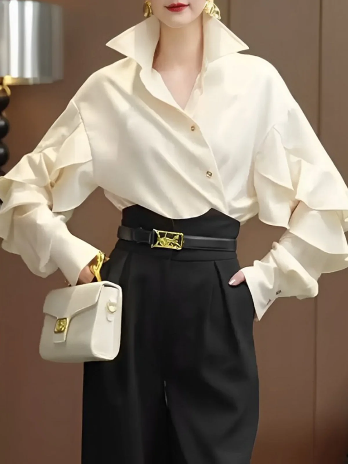 Plain Elegant Ruffle Sleeve Loose Shirt