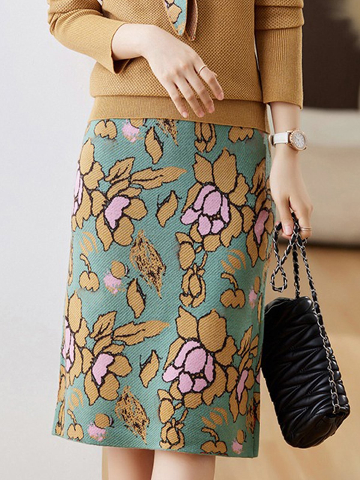 Elegant Floral Sweater Skirt