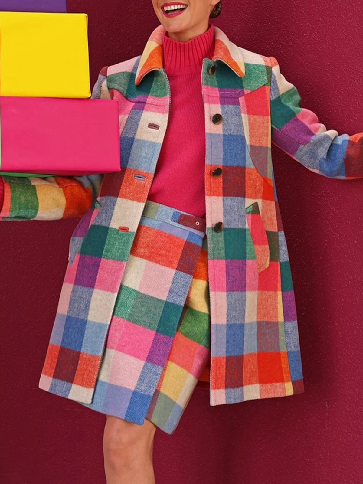 Loosen Mid-long Urban Plaid Coat