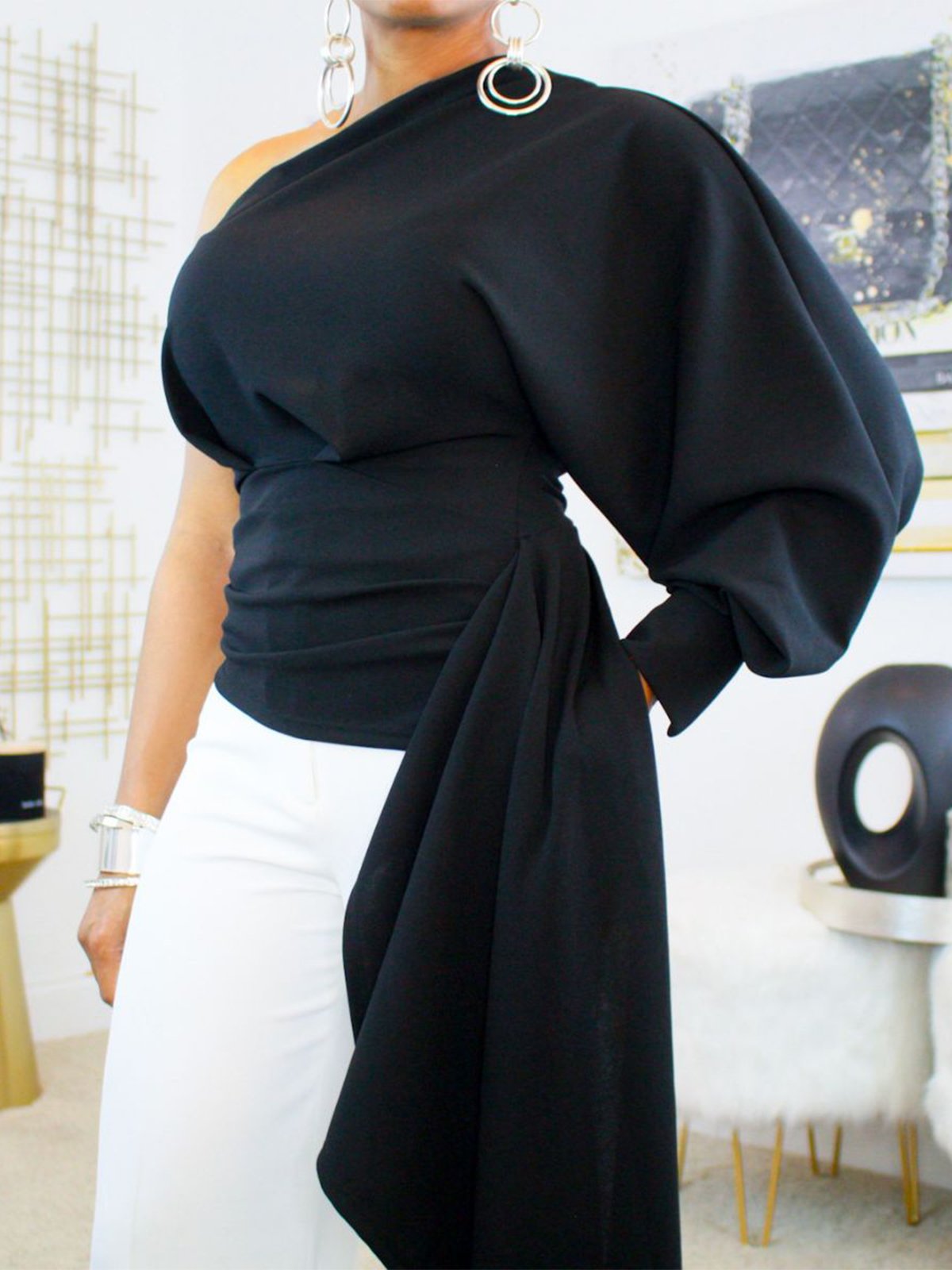 Plain Irregular Craftsmanship Urban One Shoulder Blouse