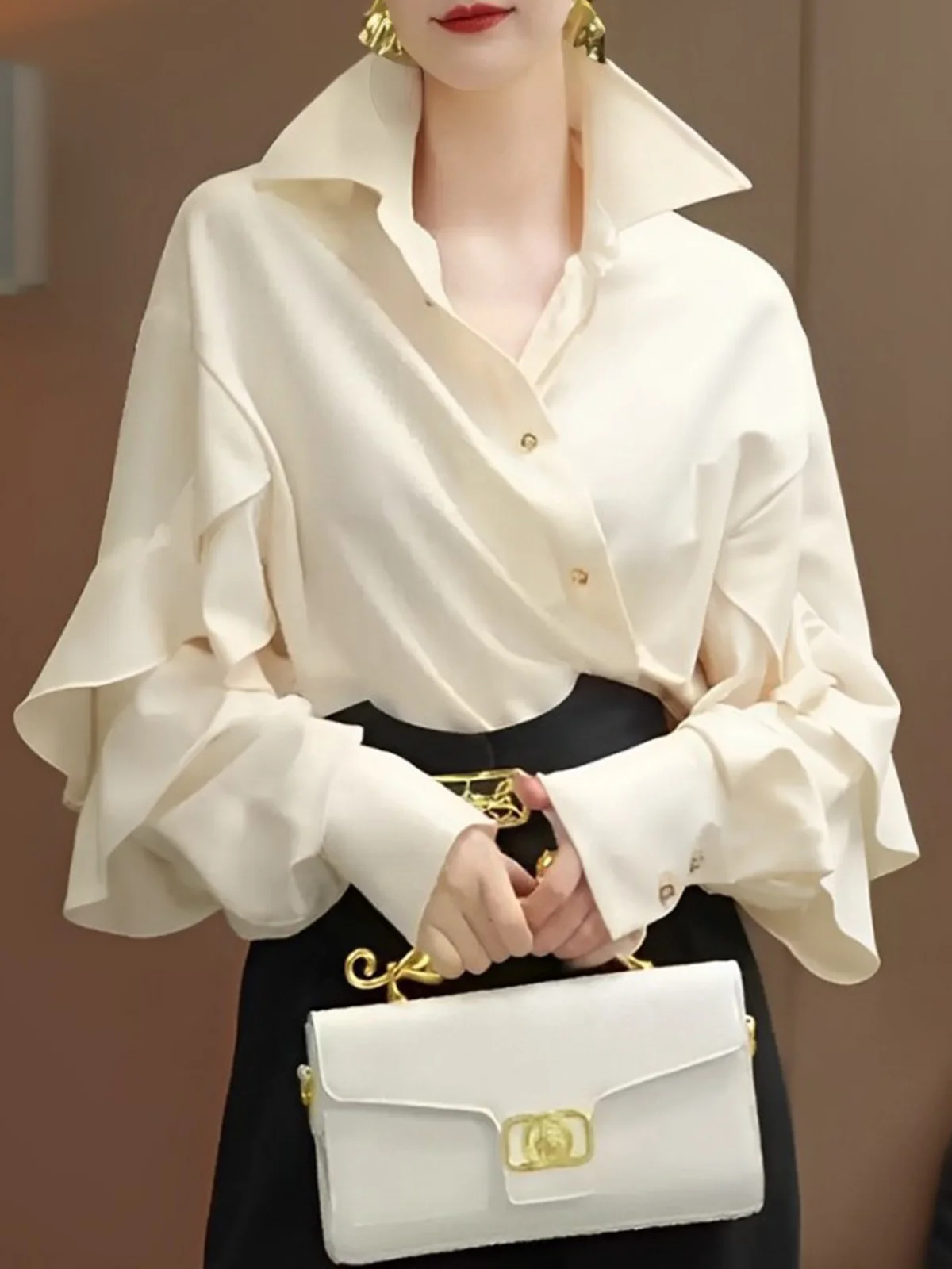 Plain Elegant Ruffle Sleeve Loose Shirt