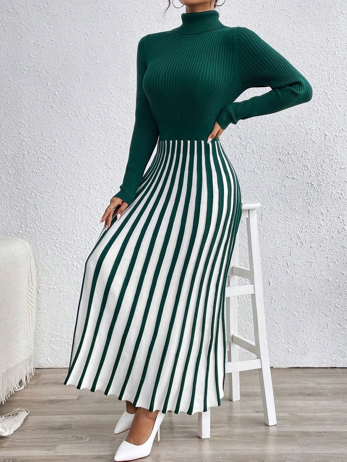 Color Block Elegant Turtleneck Sweater Dress