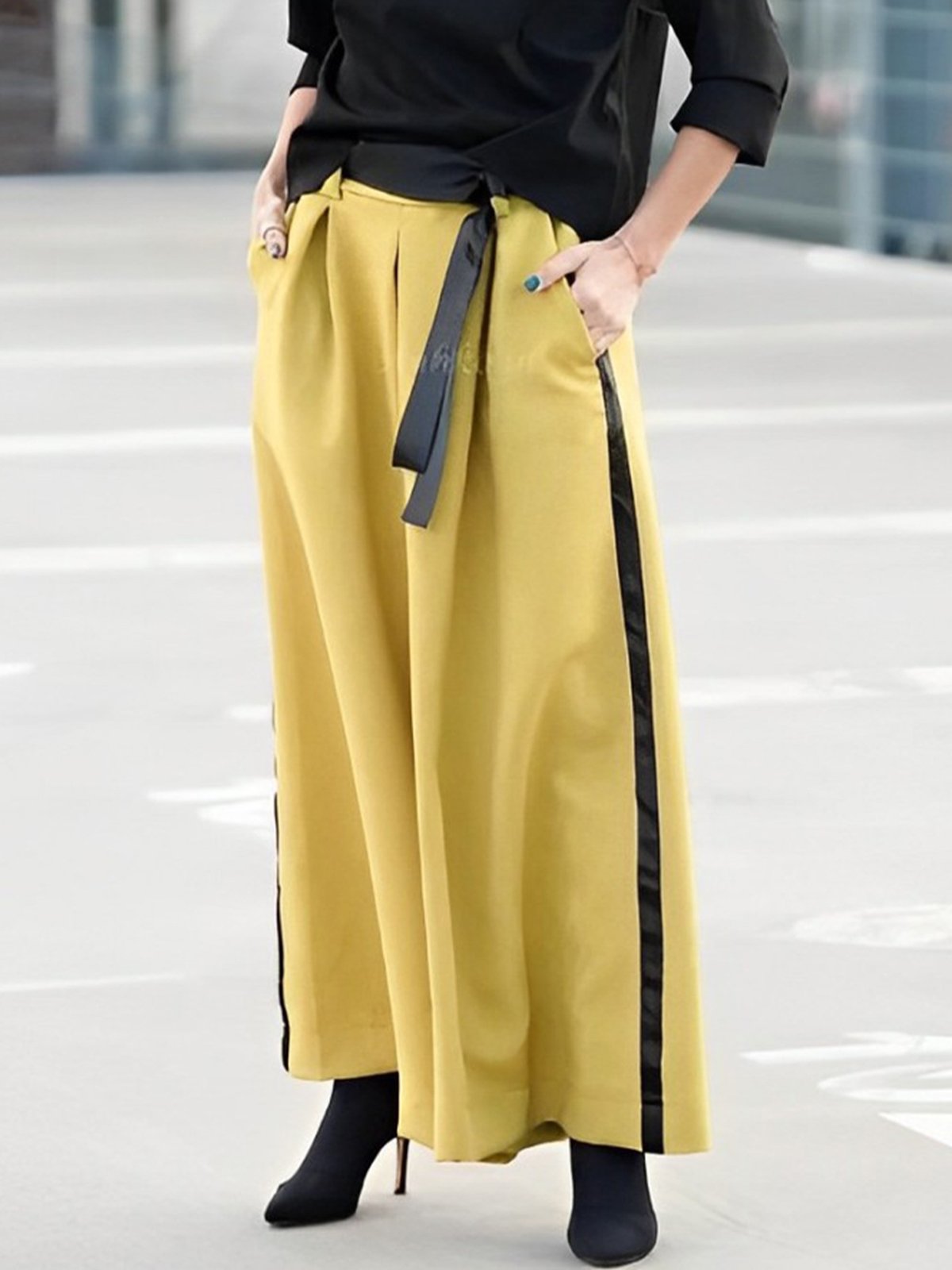 Casual Color Block Pants With Belt