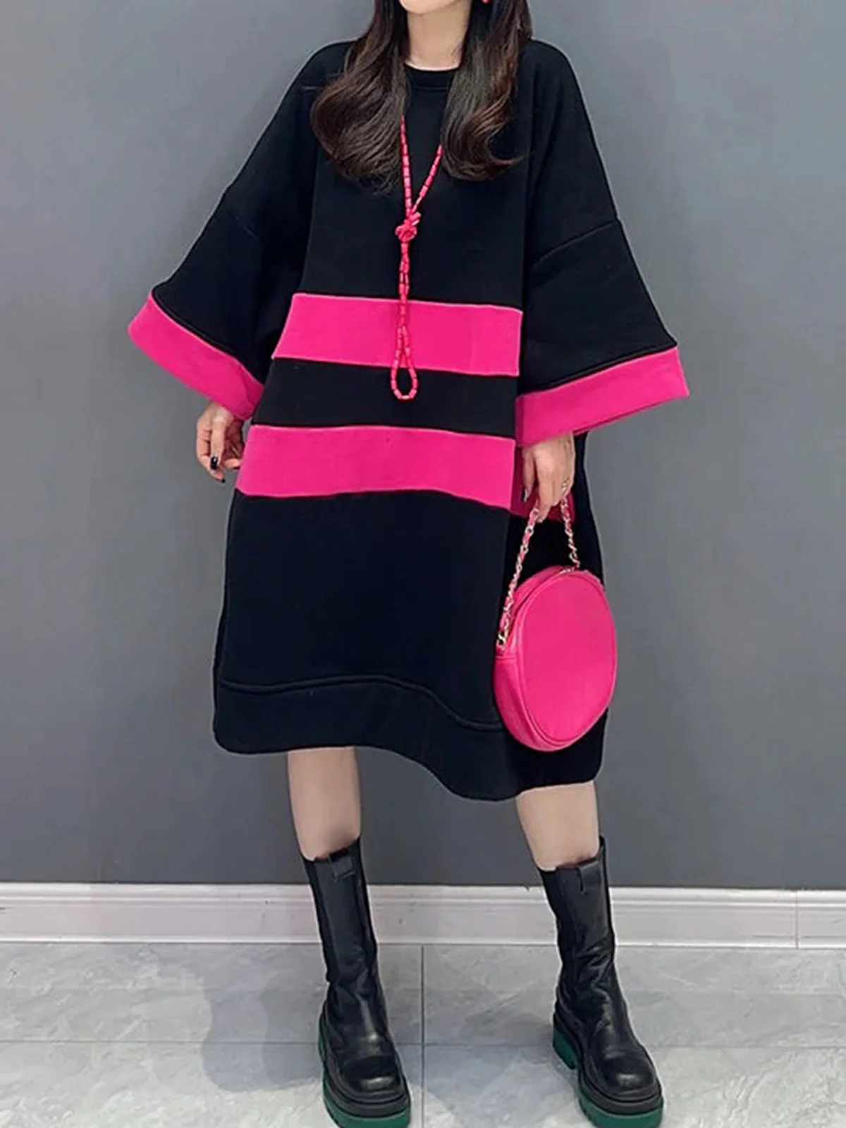 Color Block Raglan Sleeve Loosen Casual Dress