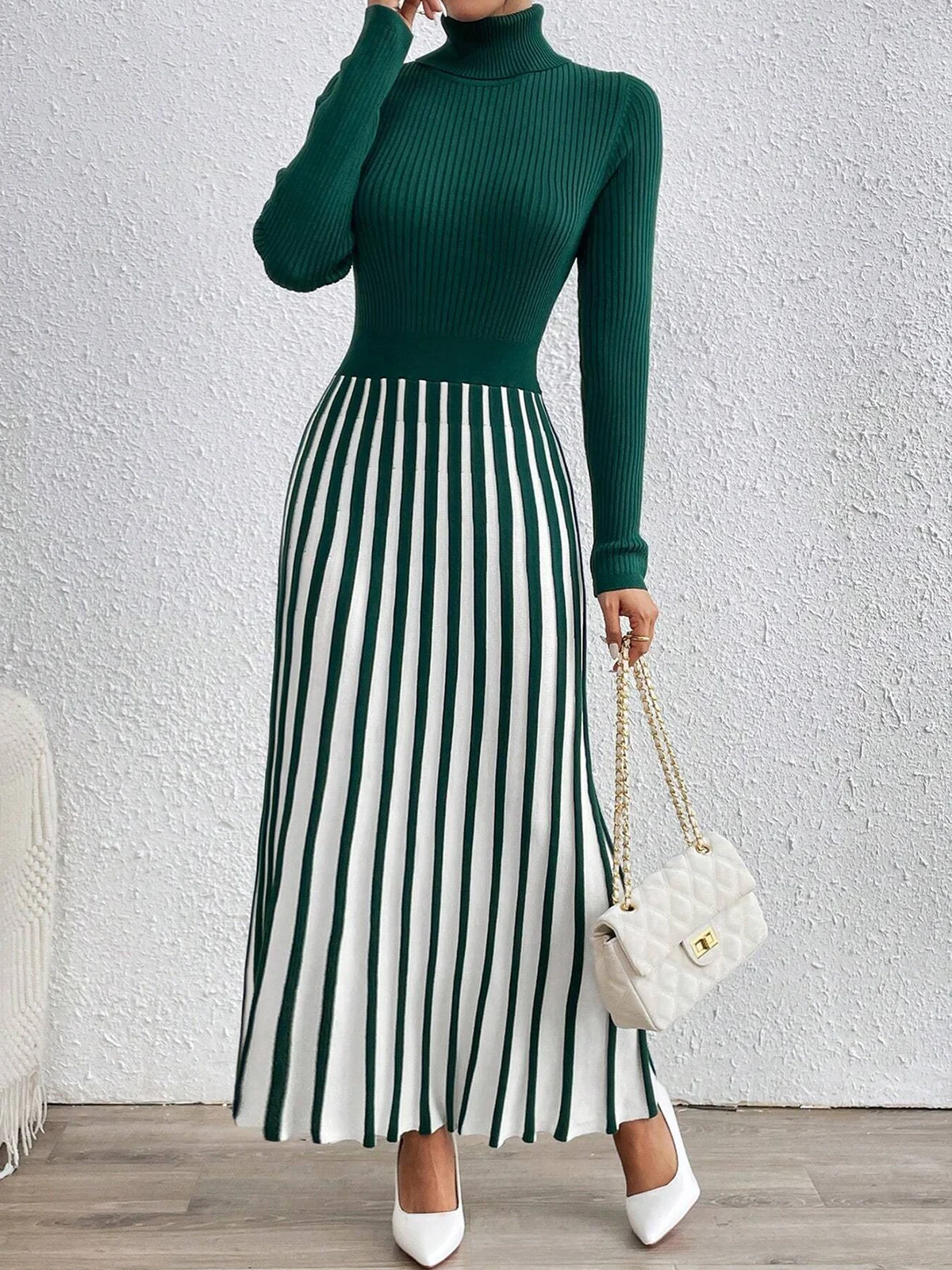 Color Block Elegant Turtleneck Sweater Dress