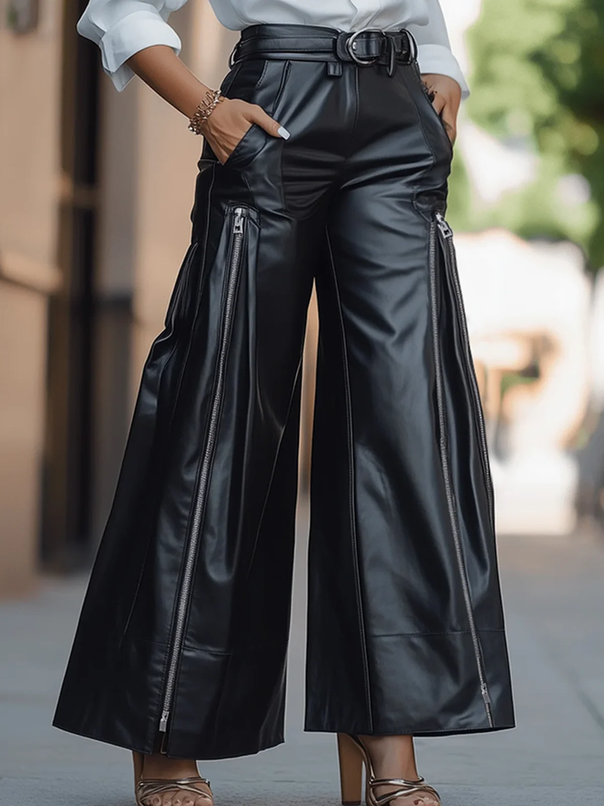 Loose PU Urban Plain Faux Leather Pants Wide leg pants