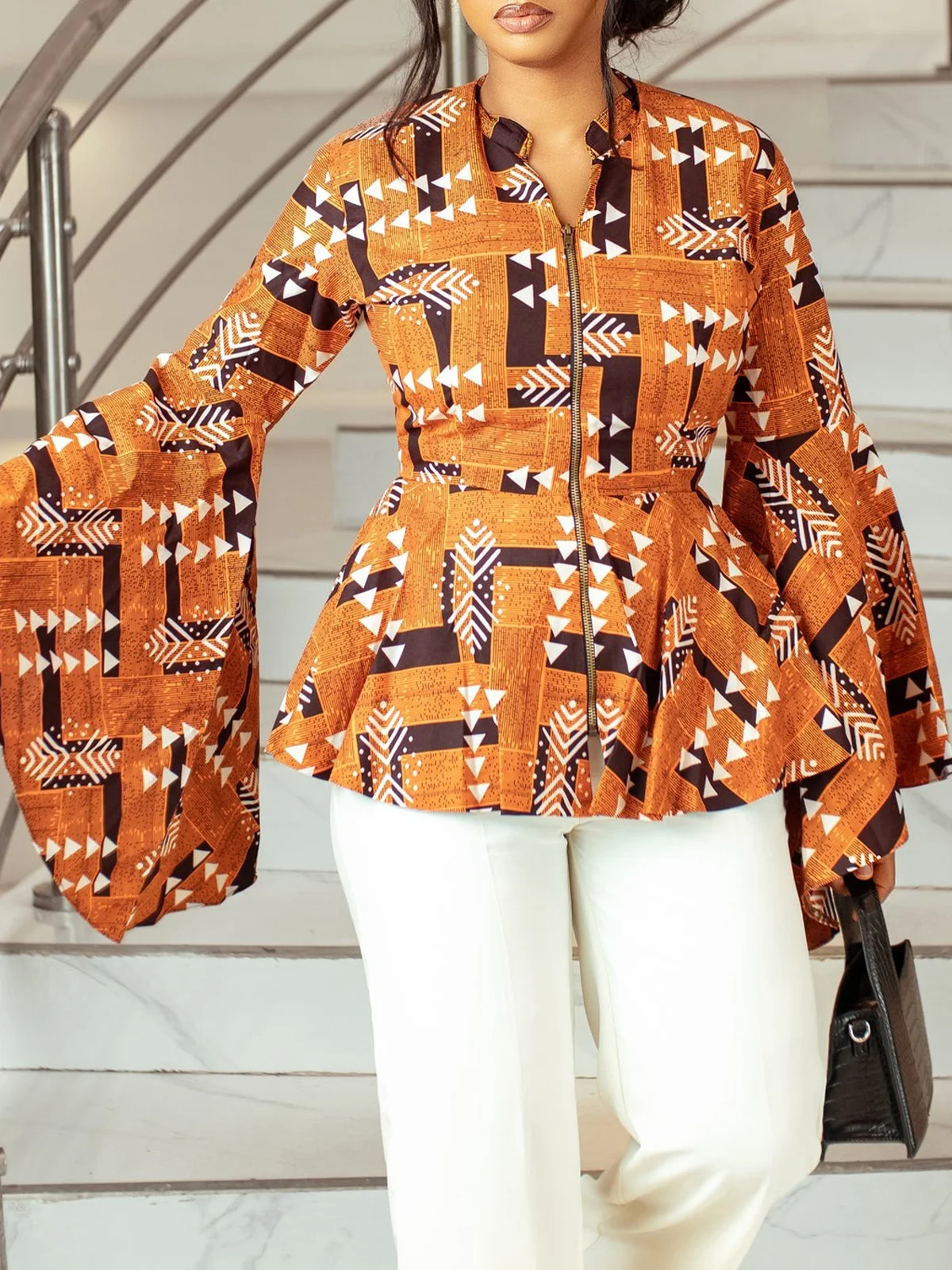 Ethnic Zipper Stand Collar Bell Sleeve Urban Shirt