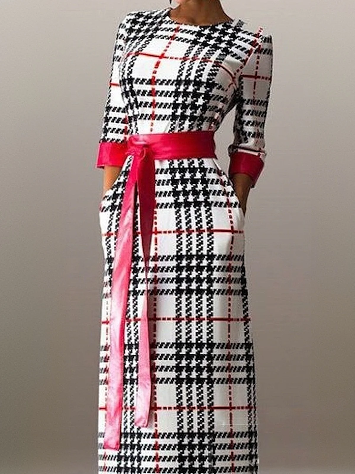 Elegant Plaid Maxi Dress With Belt