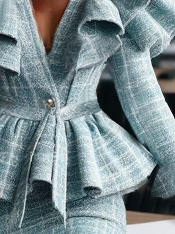 Elegant Cross Neck Tweed Jacket With Belt