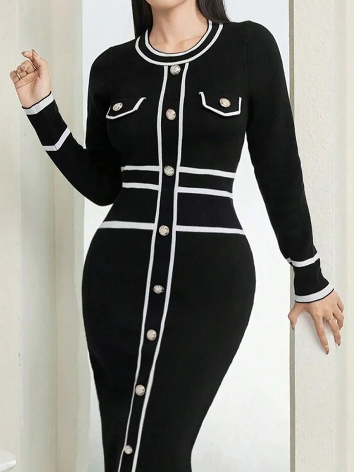 Color Block Tight  Elegant Buttoned Sweater Dress