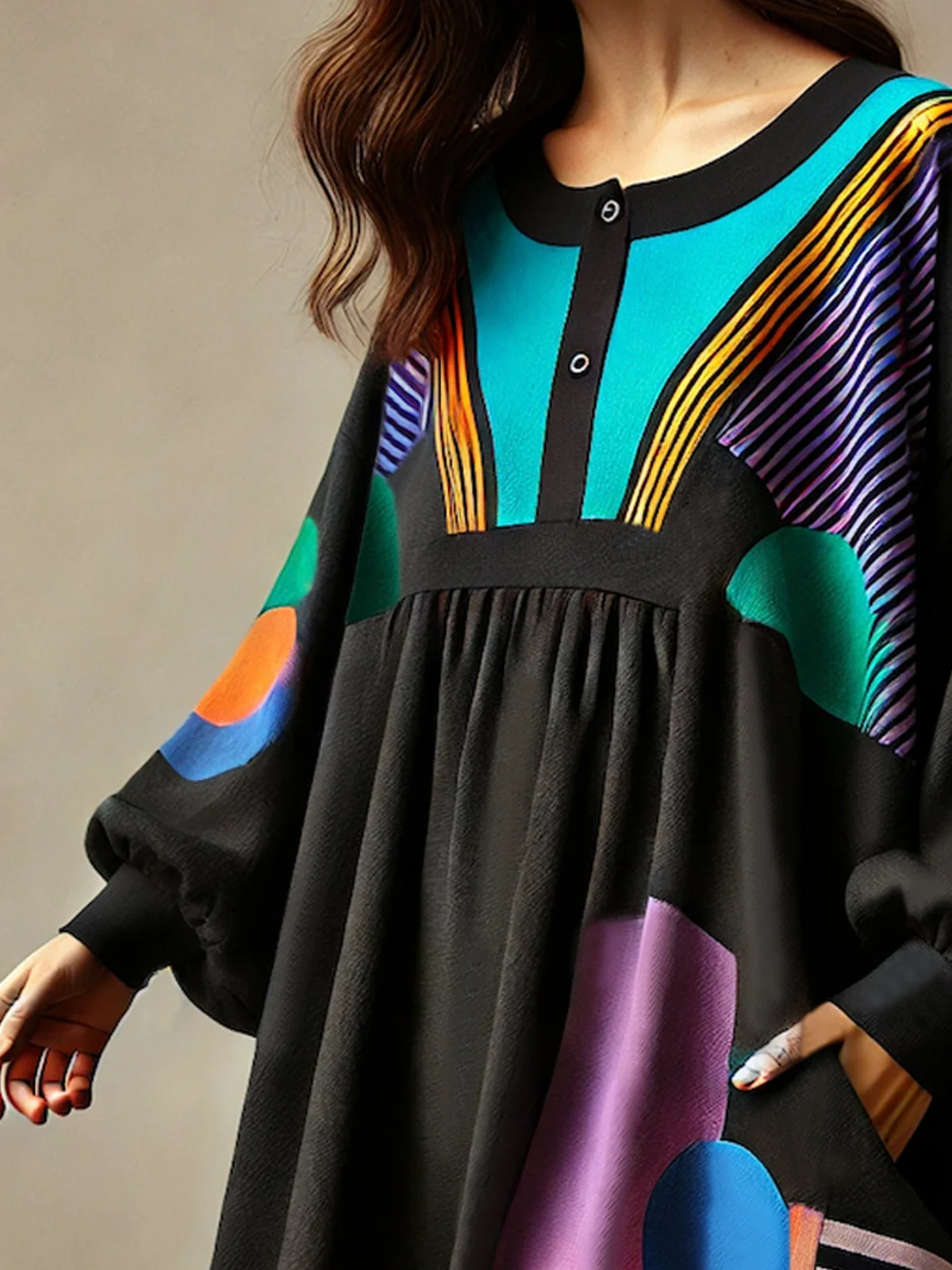 Abstract Graphic Casual Balloon Sleeve Crew Neck Shirt Mini Dress