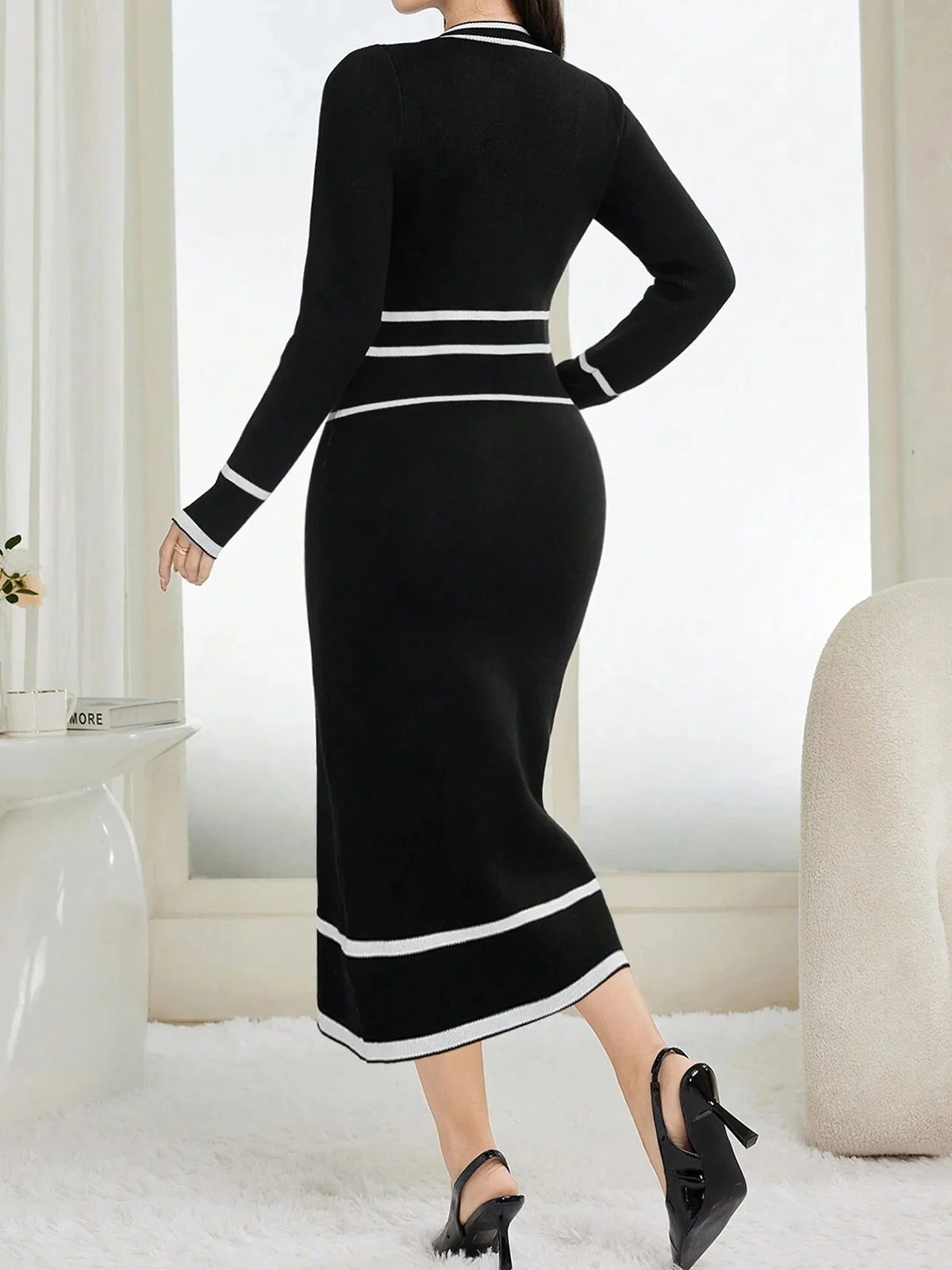 Color Block Tight  Elegant Buttoned Sweater Dress