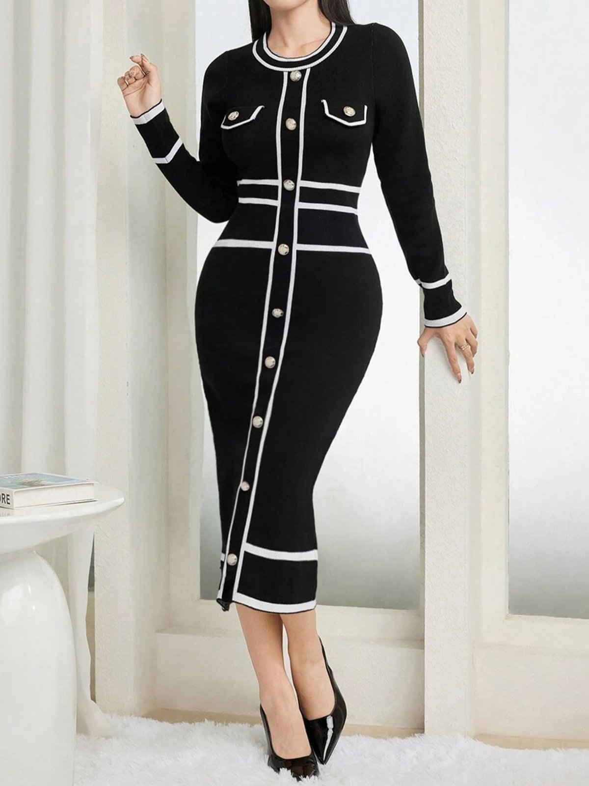 Color Block Tight  Elegant Buttoned Sweater Dress