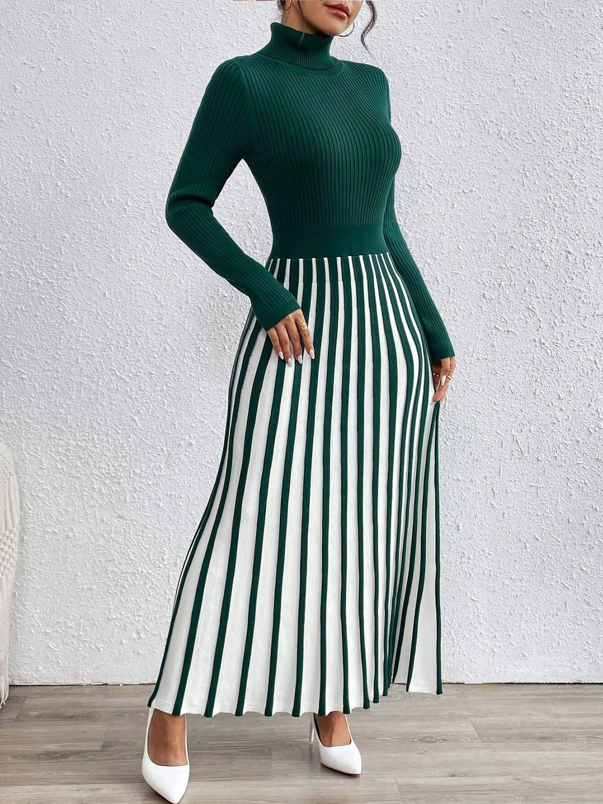 Color Block Elegant Turtleneck Sweater Dress