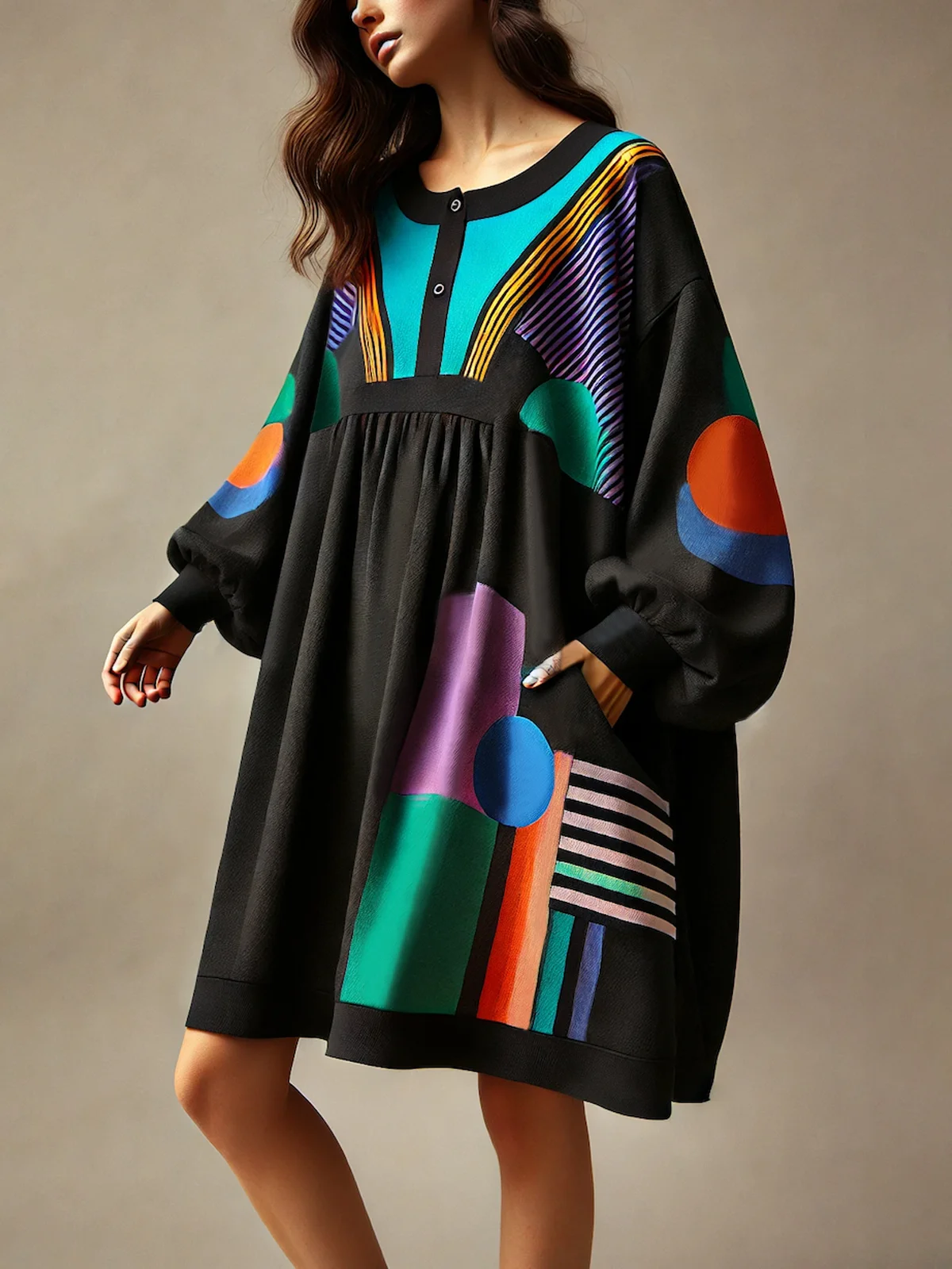 Abstract Graphic Casual Balloon Sleeve Crew Neck Shirt Mini Dress