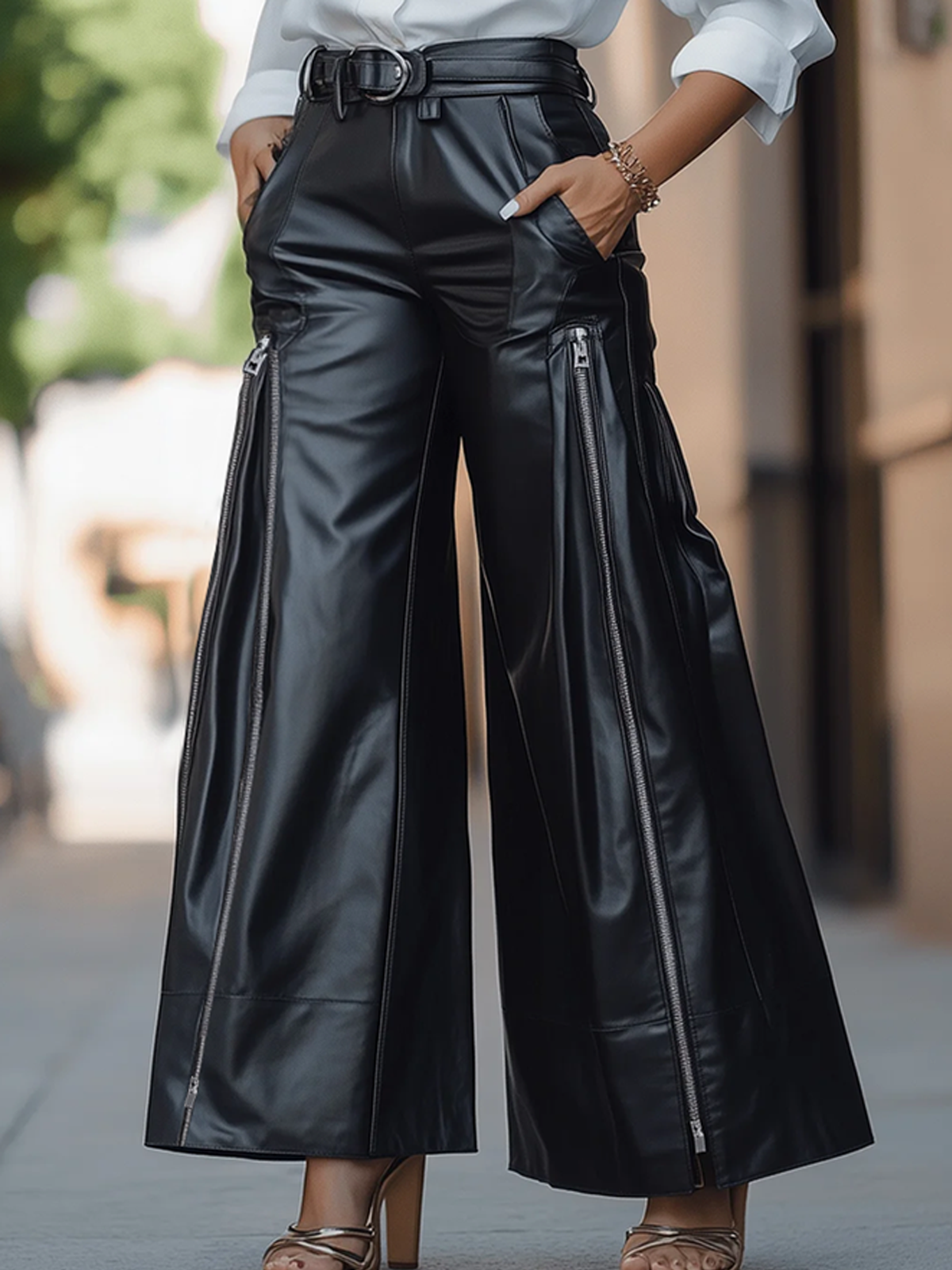 Loose PU Urban Plain Faux Leather Pants Wide leg pants