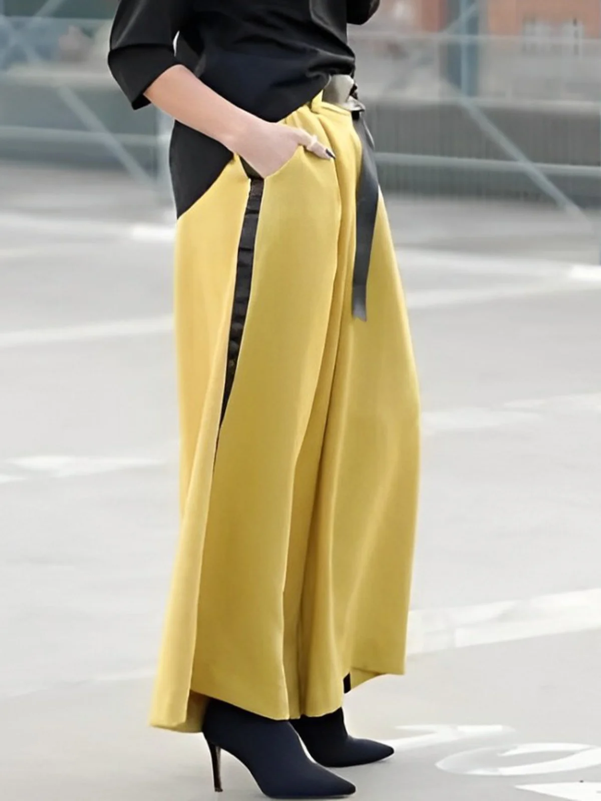 Casual Color Block Pants With Belt