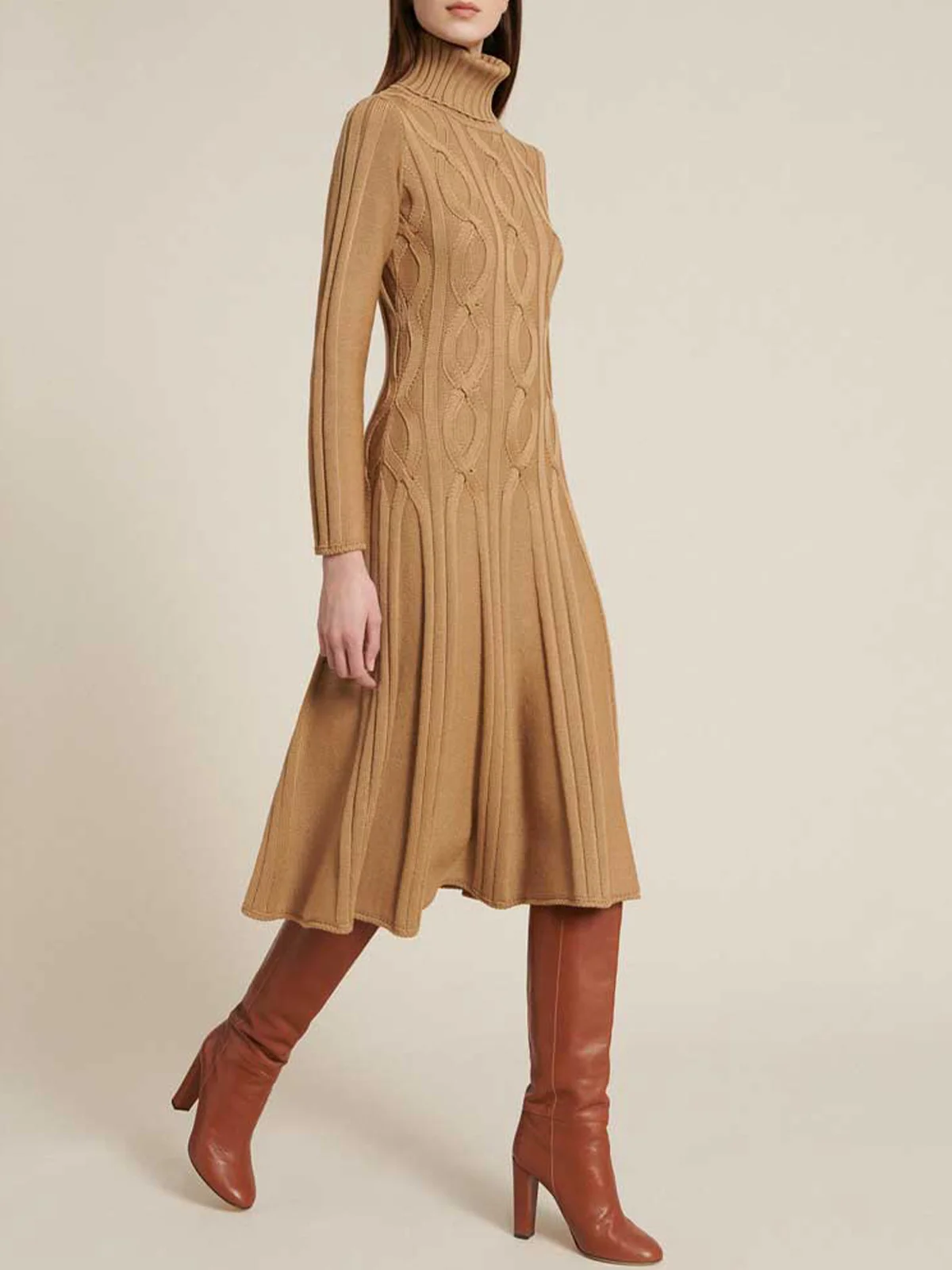 Elegant Plain Turtleneck Sweater Midi Dress