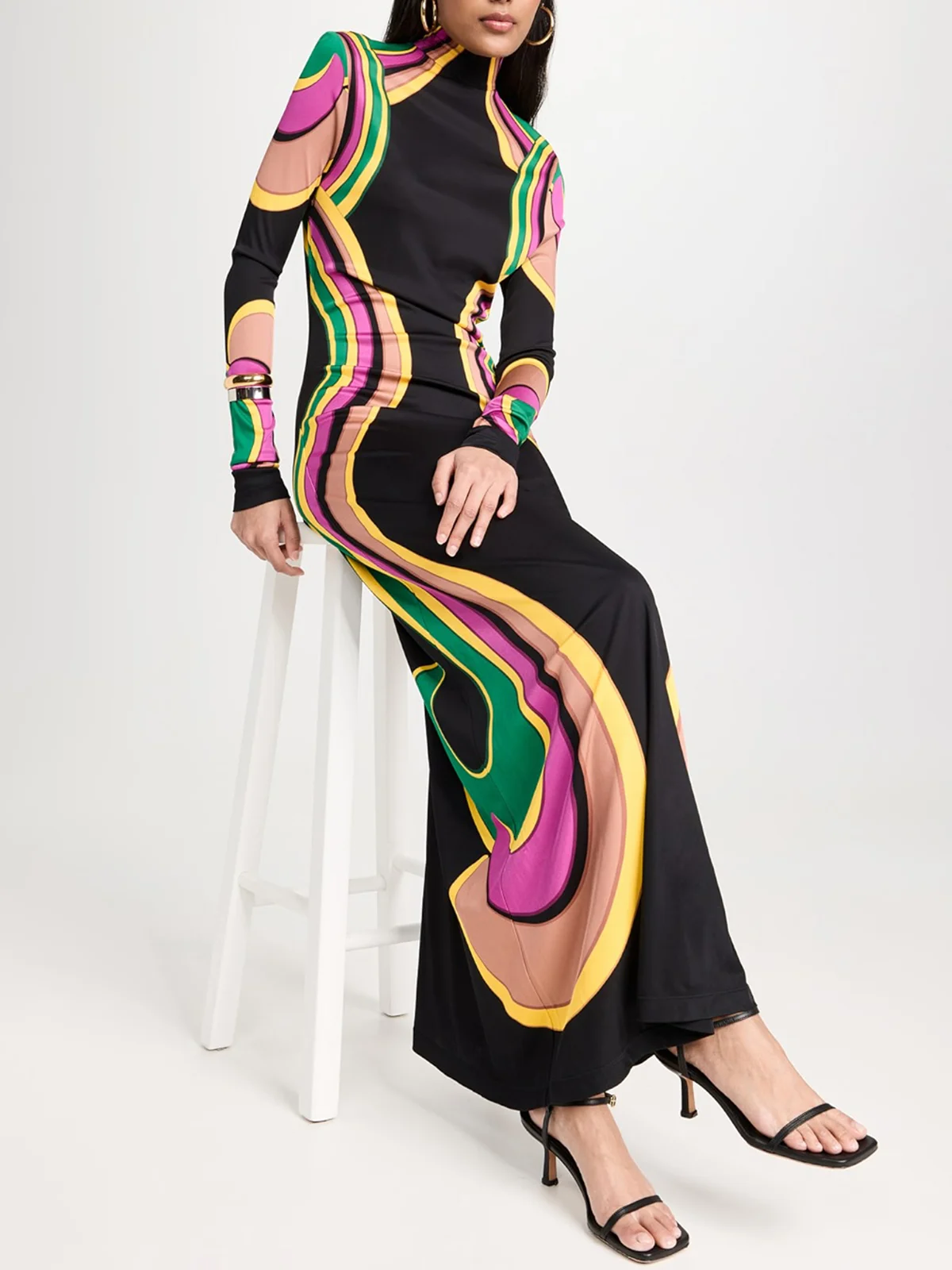 Turtleneck Abstract Graphic Printing Elegant Maxi Dress