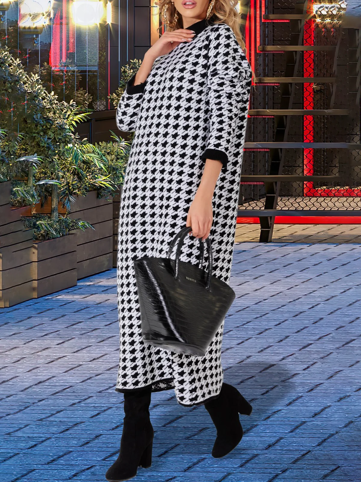 Houndstooth Urban Loose Sweater Dress With No Belt