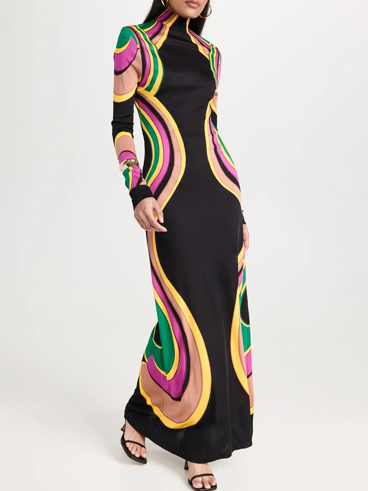 Turtleneck Abstract Graphic Printing Elegant Maxi Dress