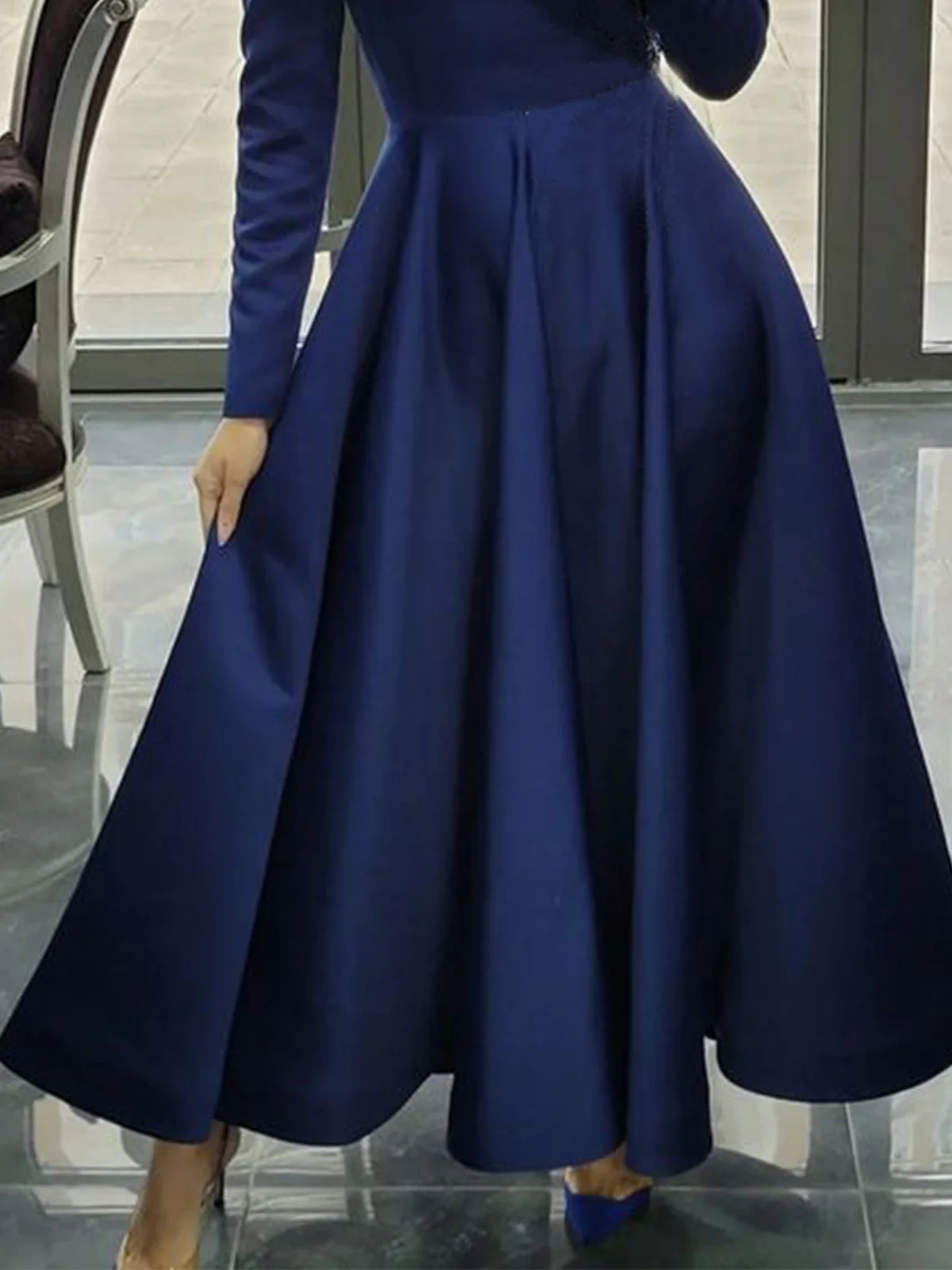 Plain Stand Collar Puff Sleeve Elegant Maxi Dress