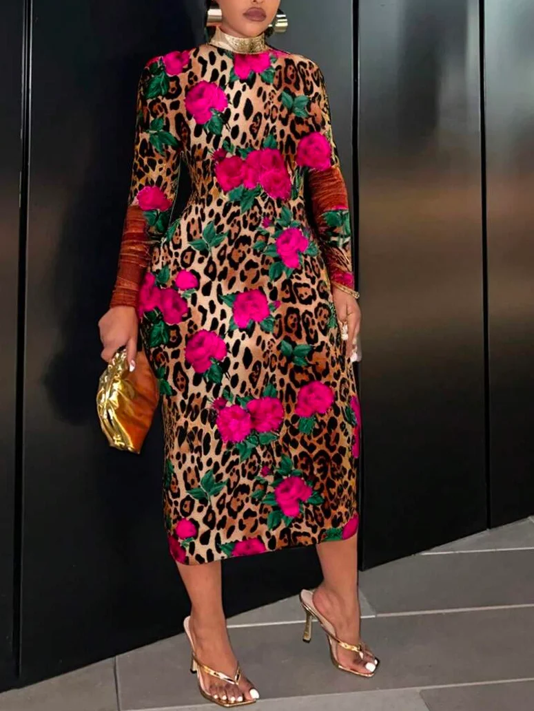 Elegant Leopard Tight Regular Sleeve Dress