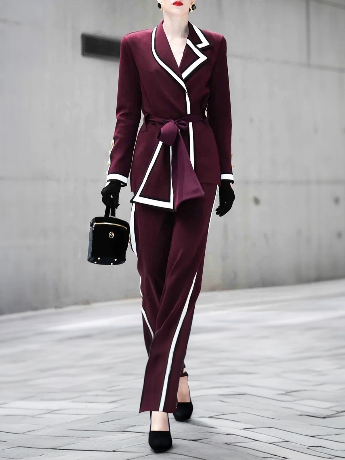 Color Block Urban Lapel Collar Blazer With Belt