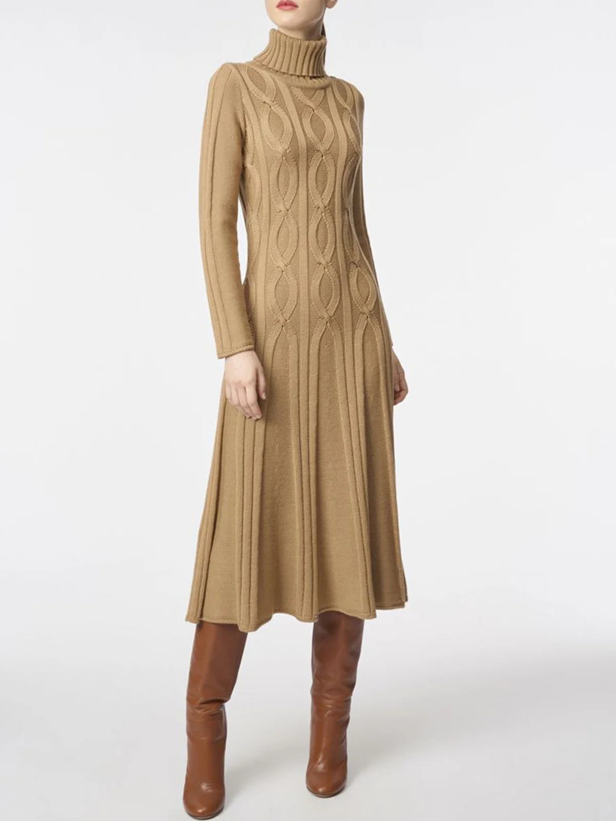 Elegant Plain Turtleneck Sweater Midi Dress