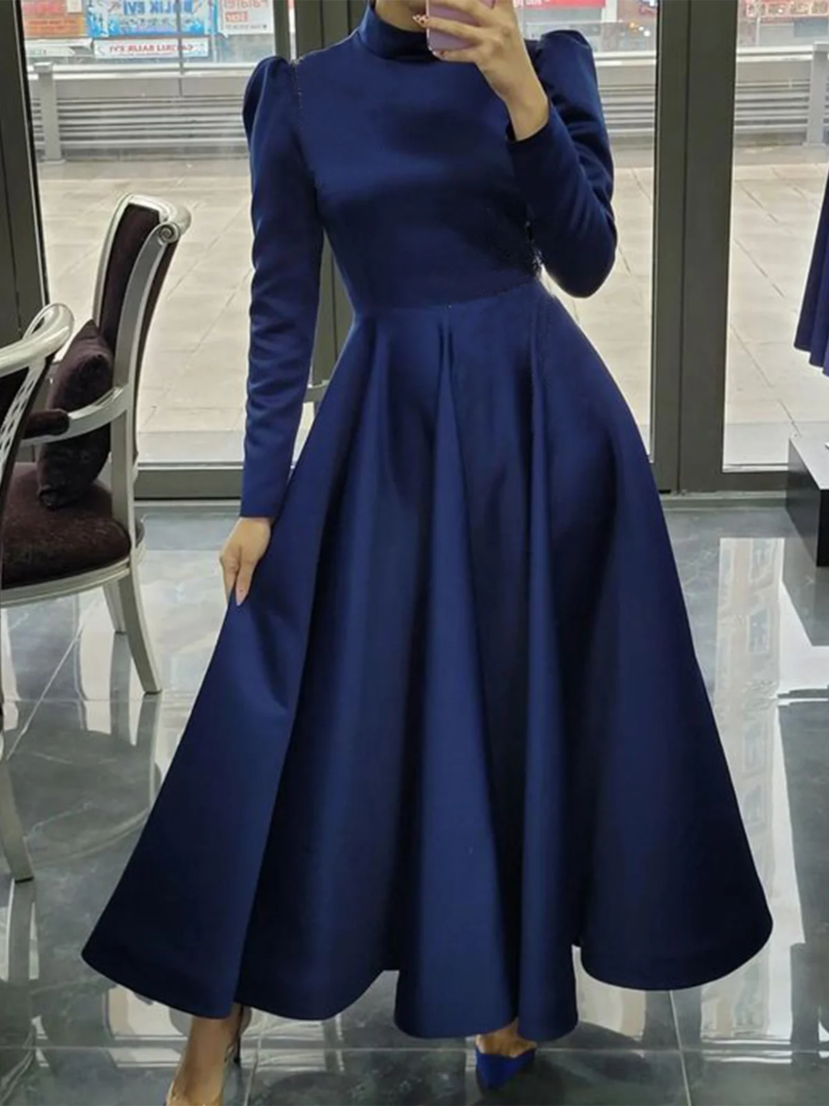 Plain Stand Collar Puff Sleeve Elegant Maxi Dress