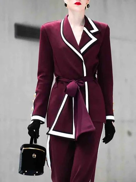 Color Block Urban Lapel Collar Blazer With Belt