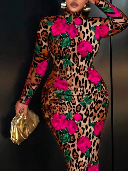 Elegant Leopard Tight Regular Sleeve Dress