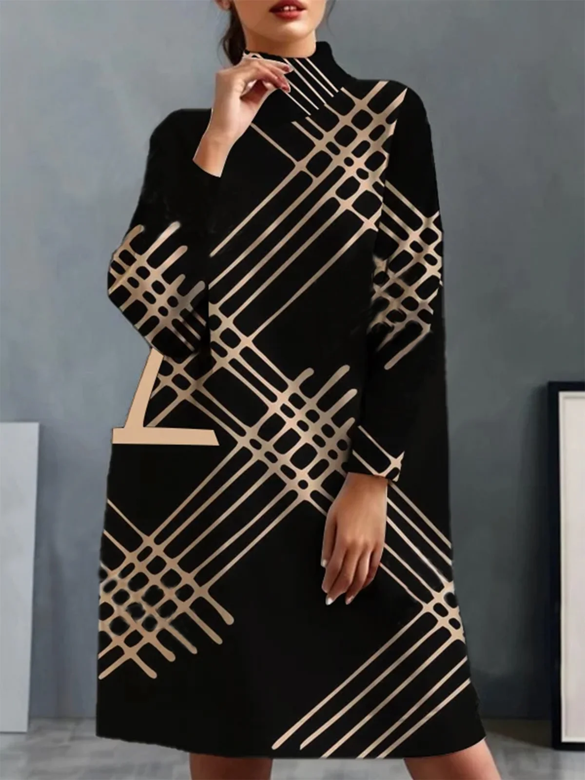 Geometric Loosen Turtleneck Urban Dress