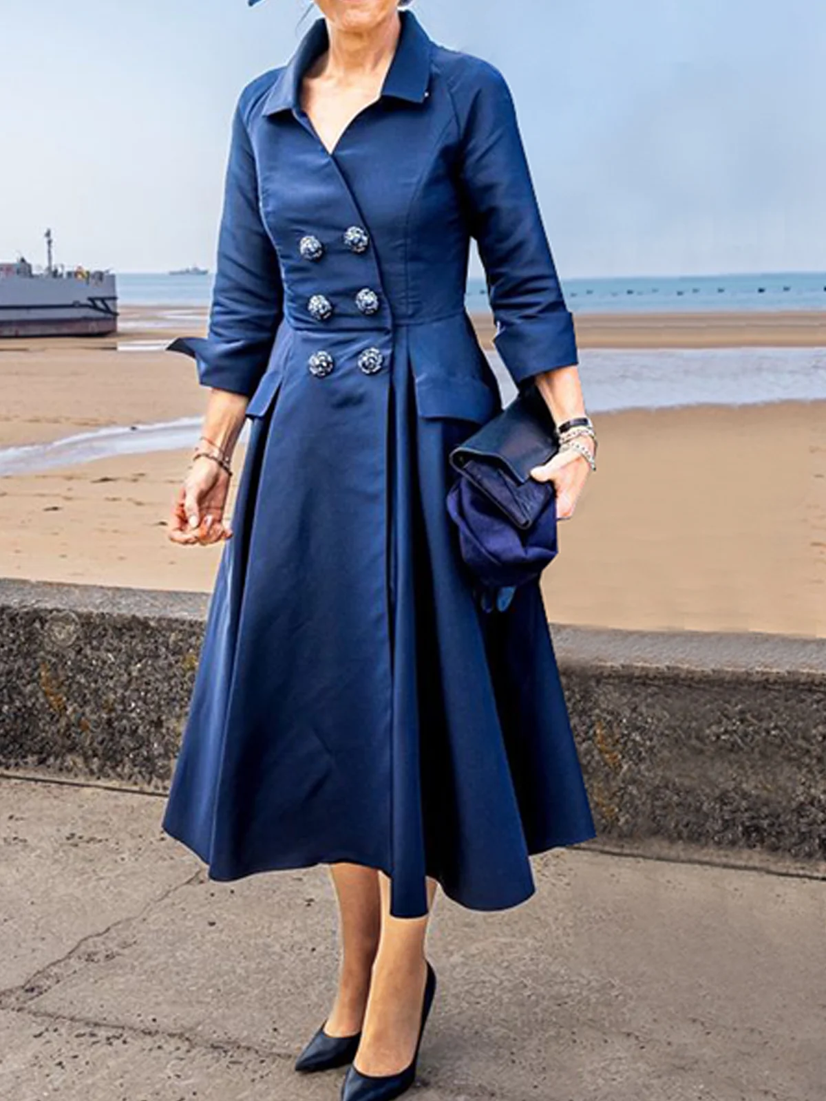 Elegant Shirt Collar Plain Midi Dress