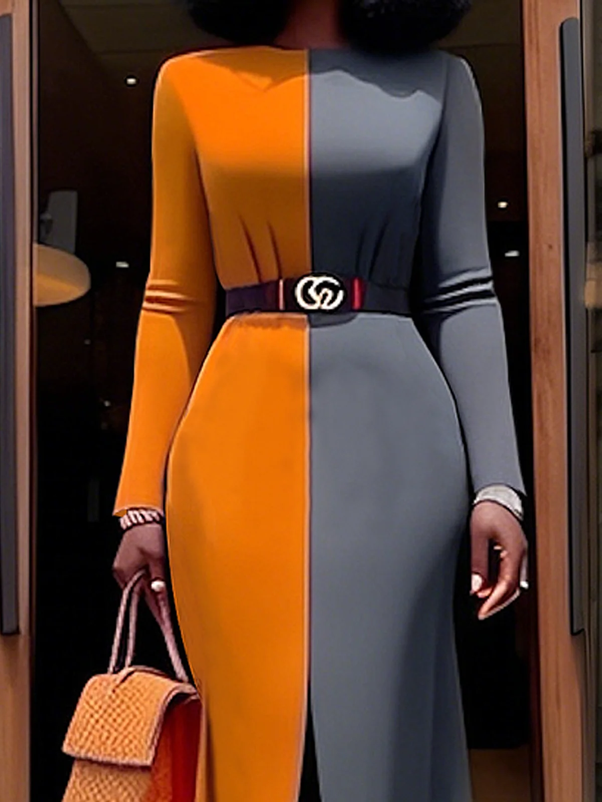 Color Block Crew Neck Elegant Dress With No Belt