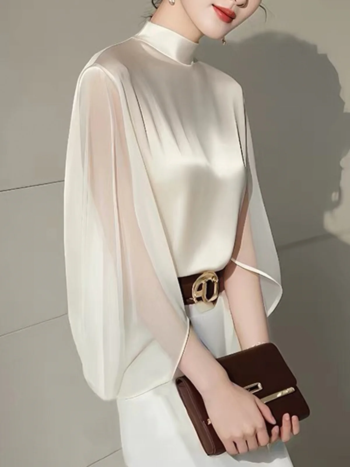 Flutter Sleeve Elegant Stand Collar Plain Blouse