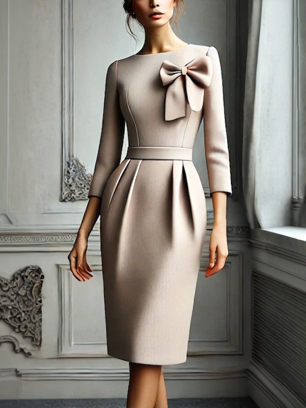 Elegant Bow Crew Neck Plain Dress