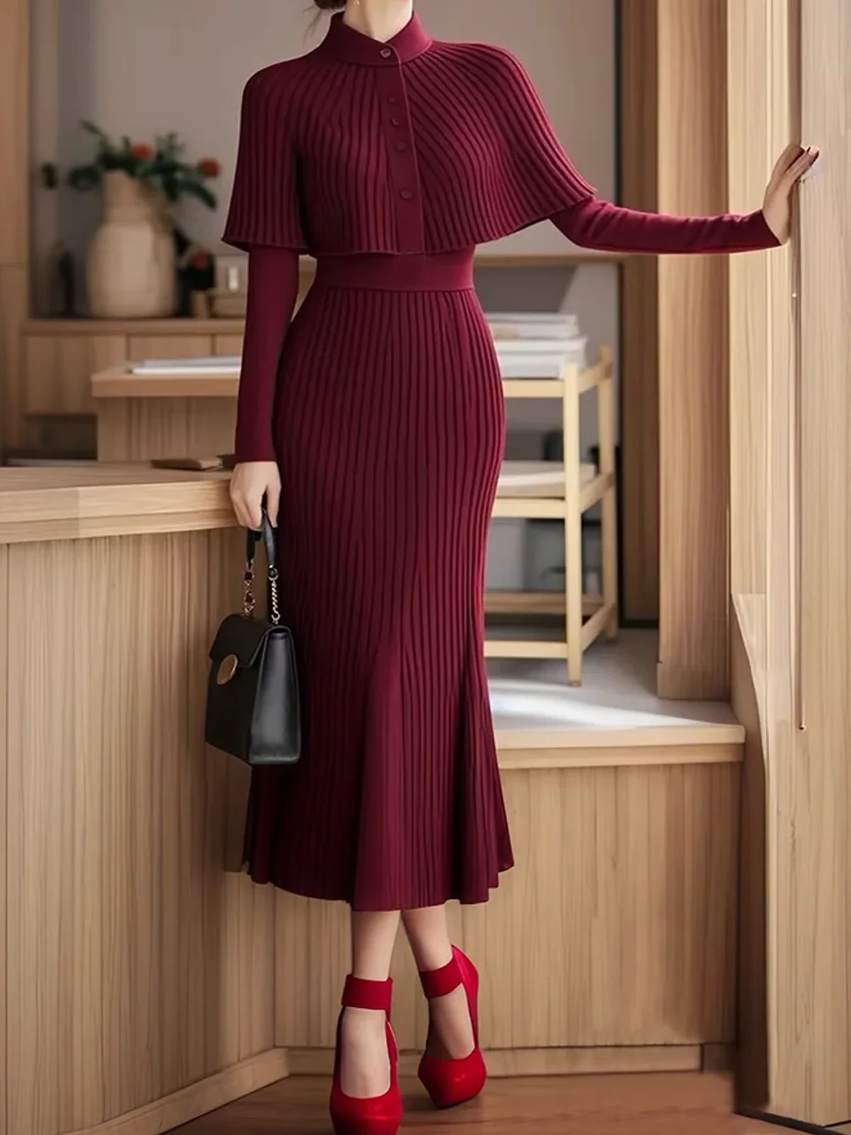 Elegant High Elasticity Stand Collar Sweater Dress