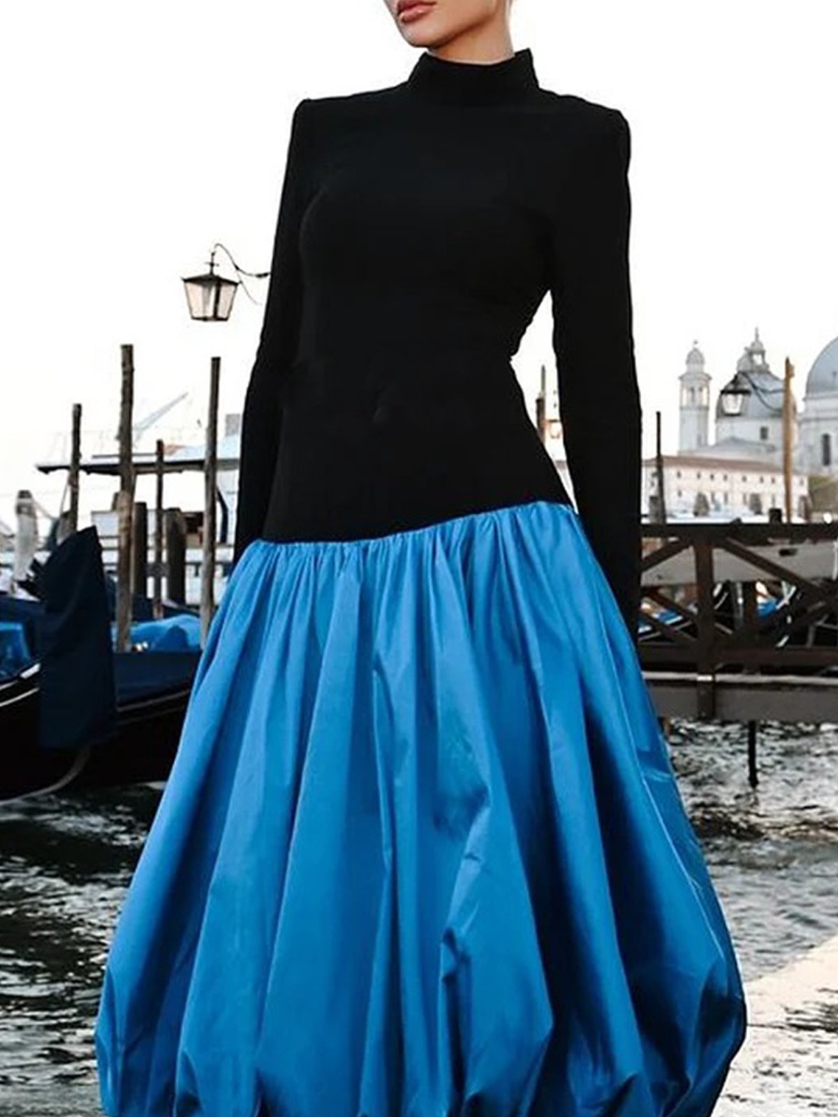 Elegant Color Block Stand Collar Maxi Dress