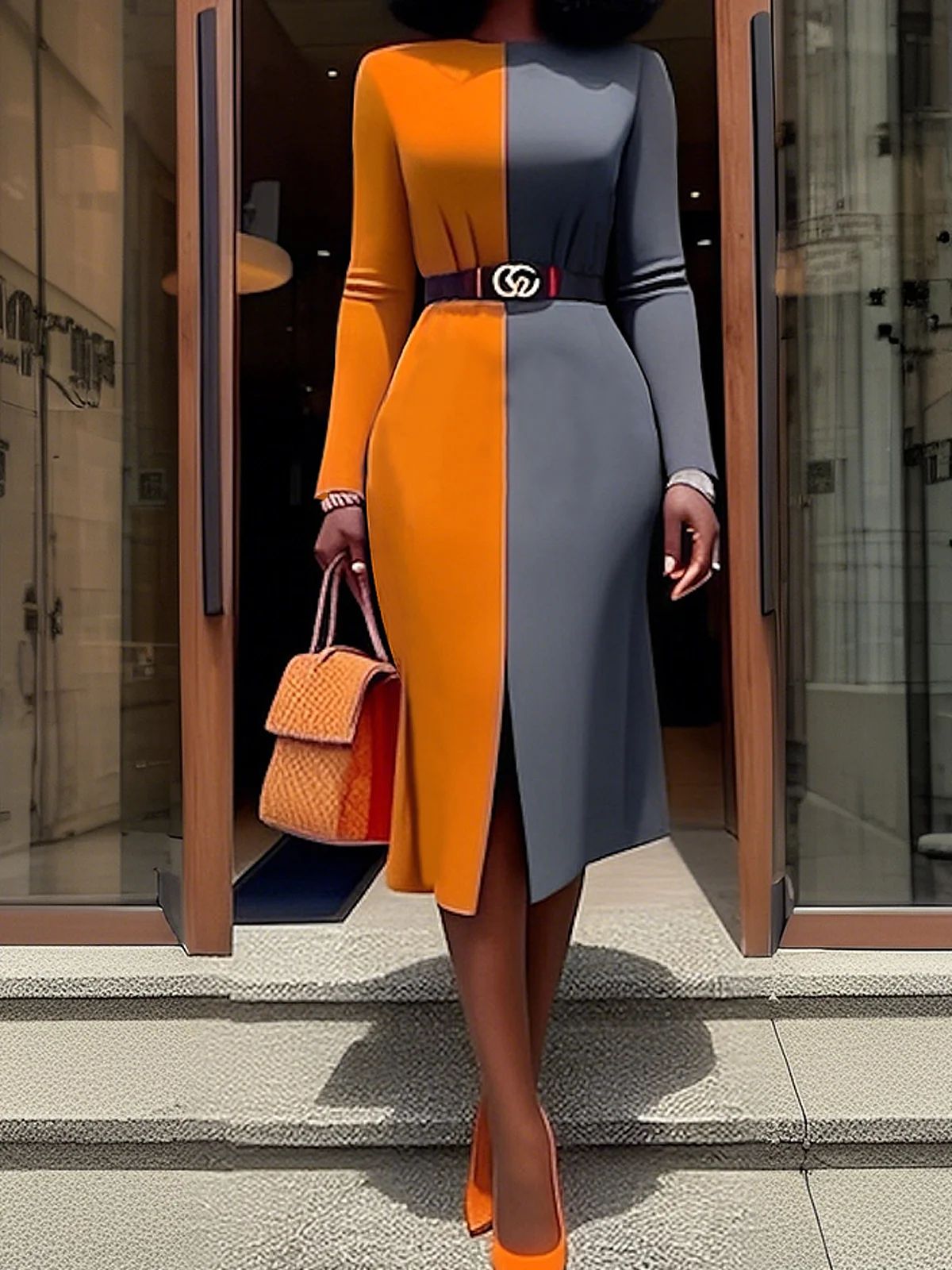 Color Block Crew Neck Elegant Dress With No Belt