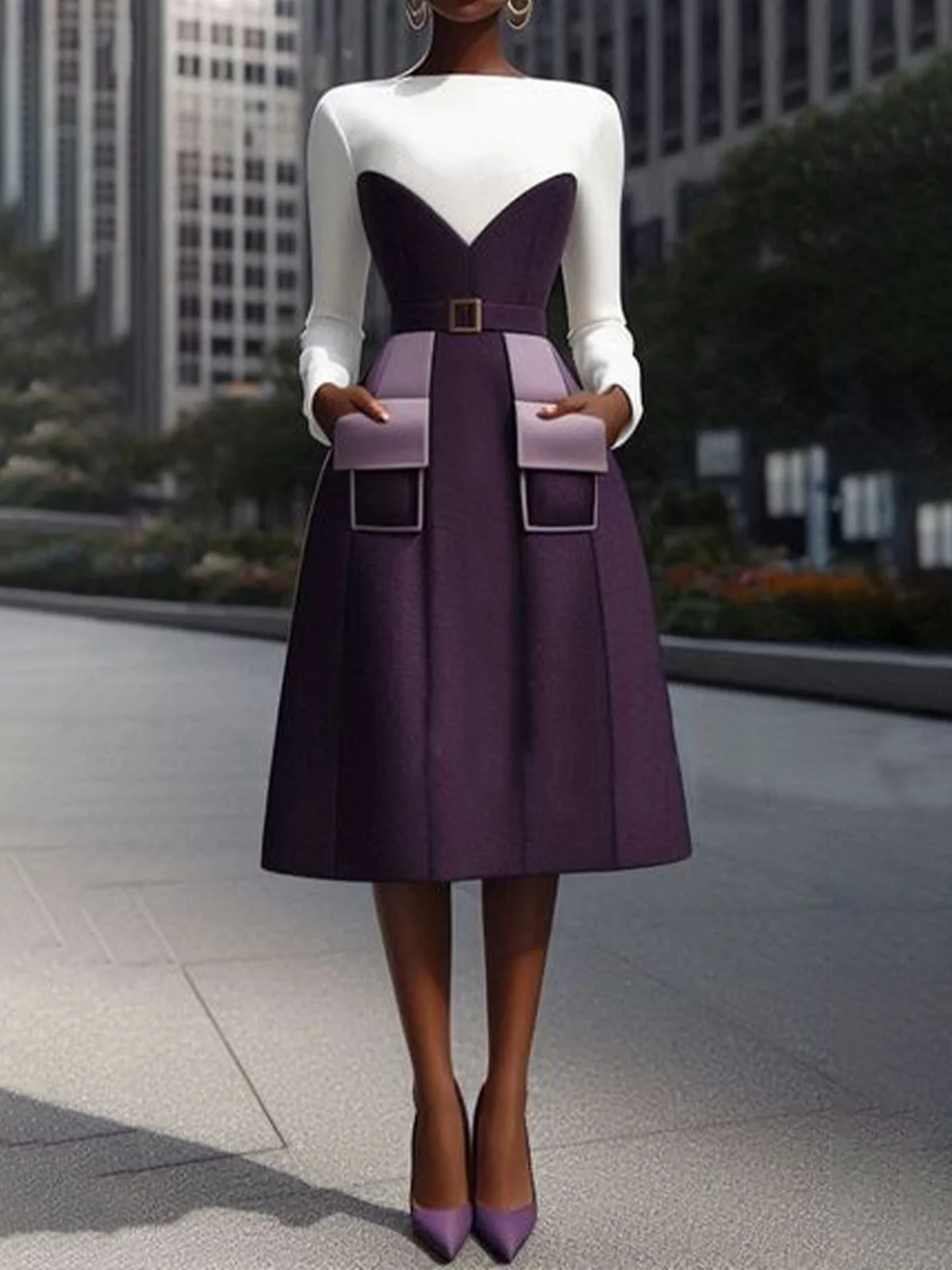 Elegant Boat Neck Dress With Belt