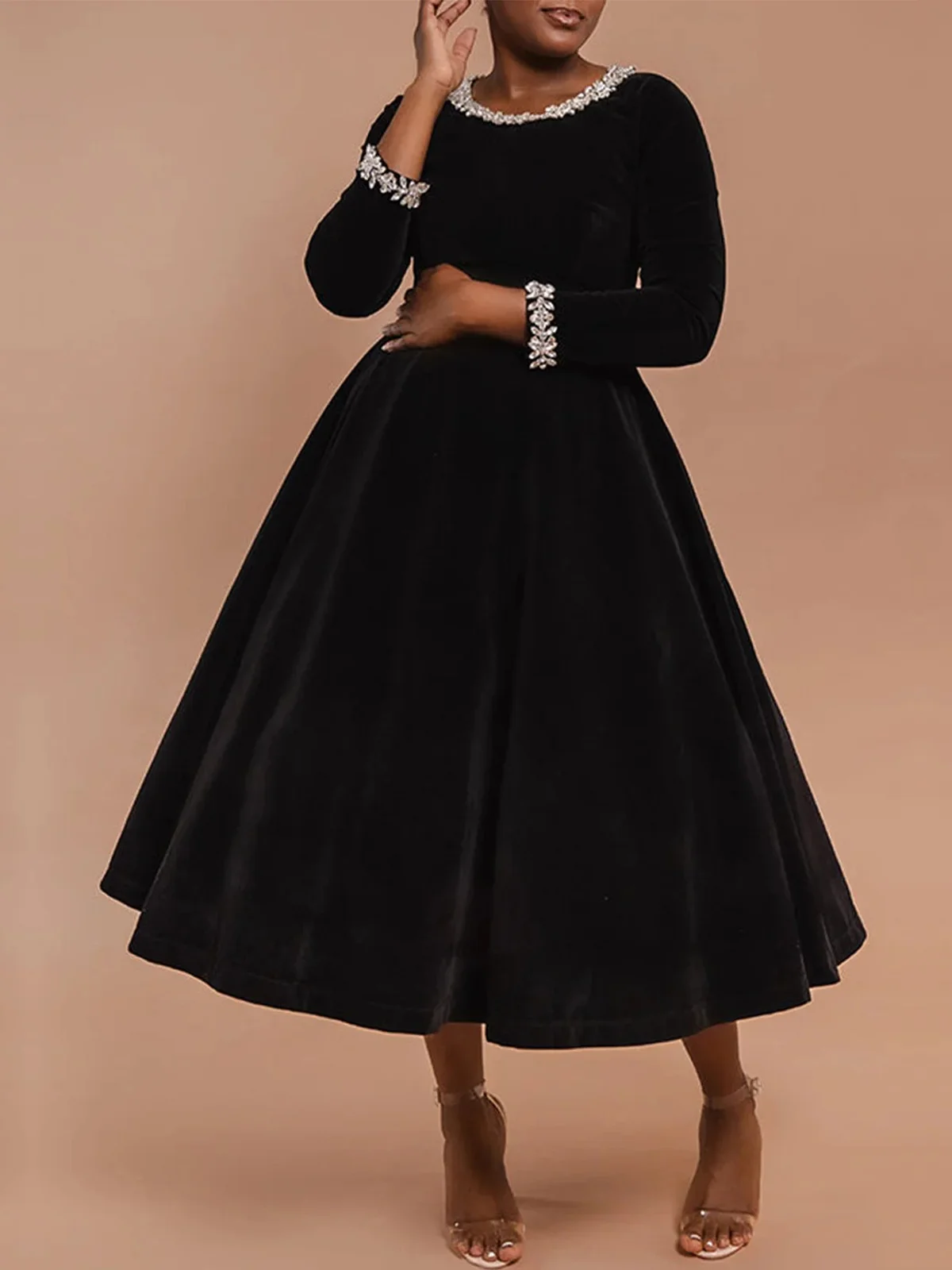 Crew Neck Velvet Plain Elegant Party Dress